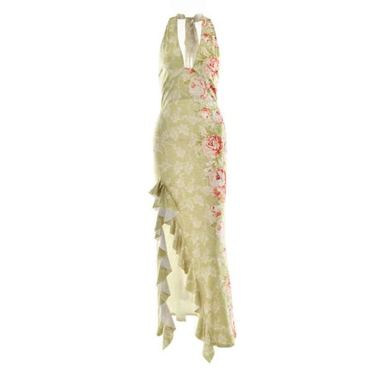 Slit ruffle flower print halter ruched mini dress | Festival Outfits Women