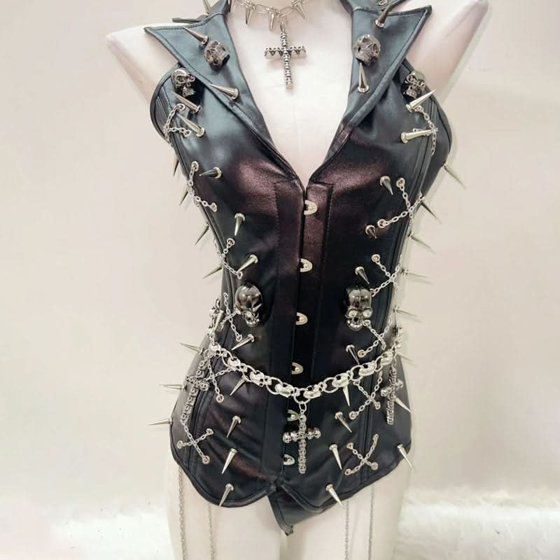 Metal chain PU leather rivet applique top | Festival Outfits Women
