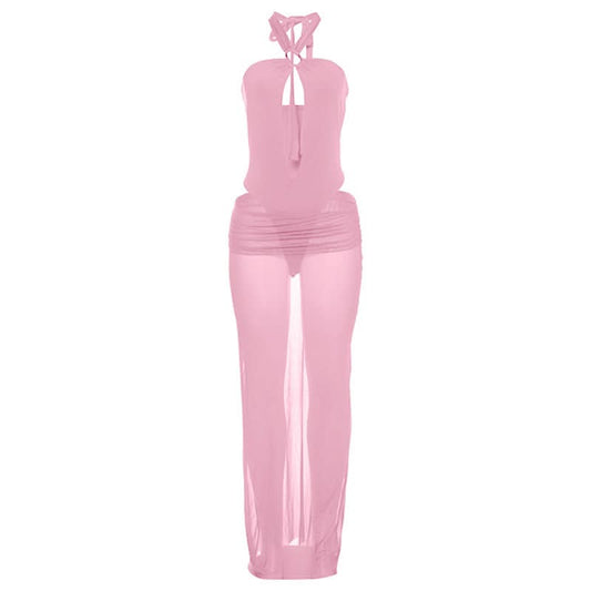 Hollow out button halter ruched maxi skirt set | Festival Outfits Women