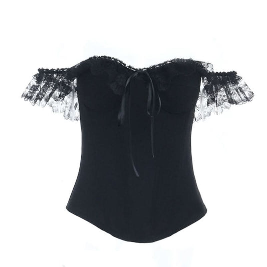 Lace hem off shoulder ribbon zip-up tube top | Festival Outfits Women