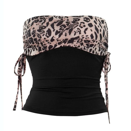 Drawstring ruched leopard print tube top | Festival Outfits Women | Cheetah Print Top