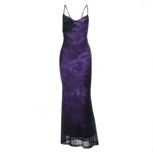 Cross back print ruched cowl neck cami maxi dress | Festival Outfits Women