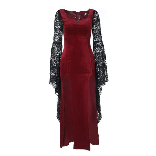 Long flared sleeve lace square neck slit midi dress | Festival Outfits Women