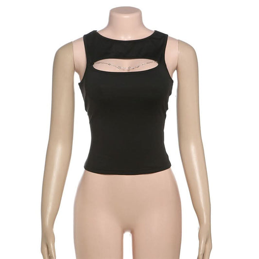 Crewneck hollow out metal chain solid cut out top | Festival Outfits Women