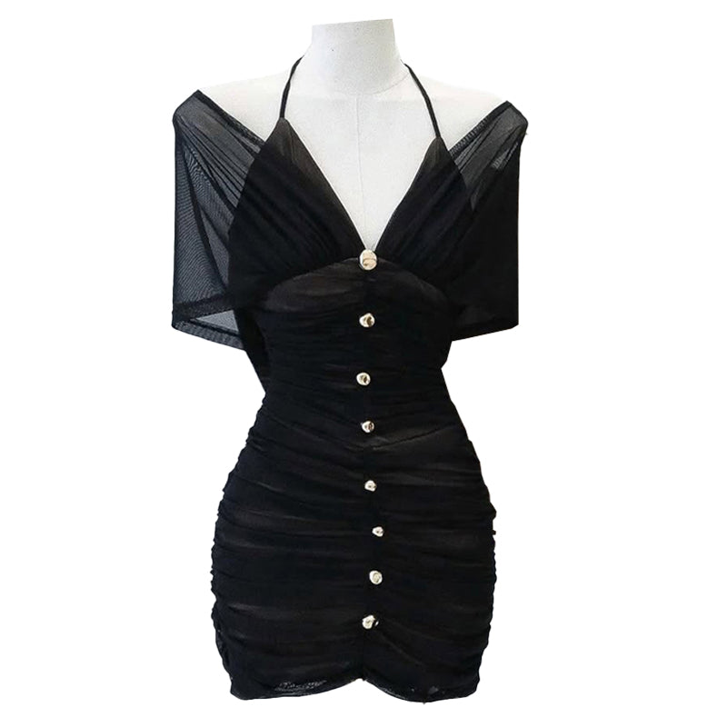 Halter off shoulder mesh button mini dress | Festival Outfits Women