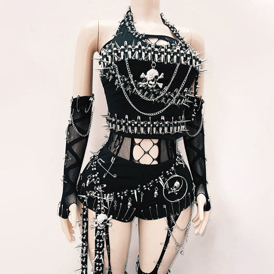 Halter hollow out metal chain rivet applique pant set | Festival Outfits Women