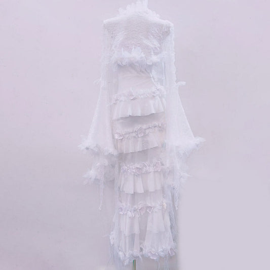 Long flared sleeve flower applique lace hem maxi dress | Festival Outfits Women