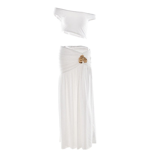 Ruched high slit irregular solid maxi skirt set | Festival Outfits Women