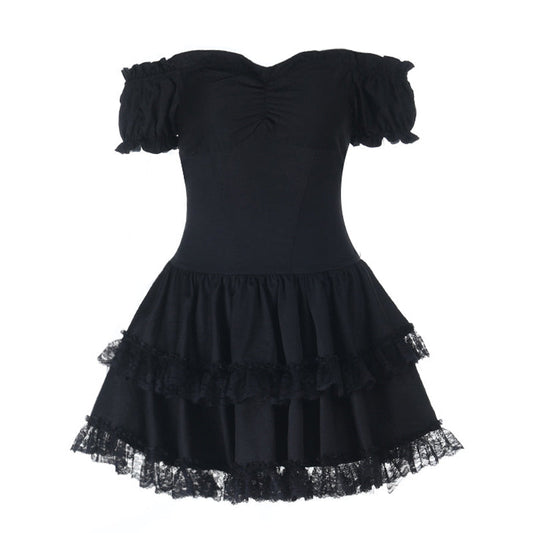 Lace hem off shoulder smocked ruched mini dress | Festival Outfits Women