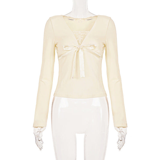 Bowknot long sleeve v neck lace top | Festival Outfits Women