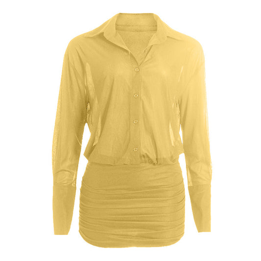 Long sleeve turnover collar button chiffon mini dress | Festival Outfits Women