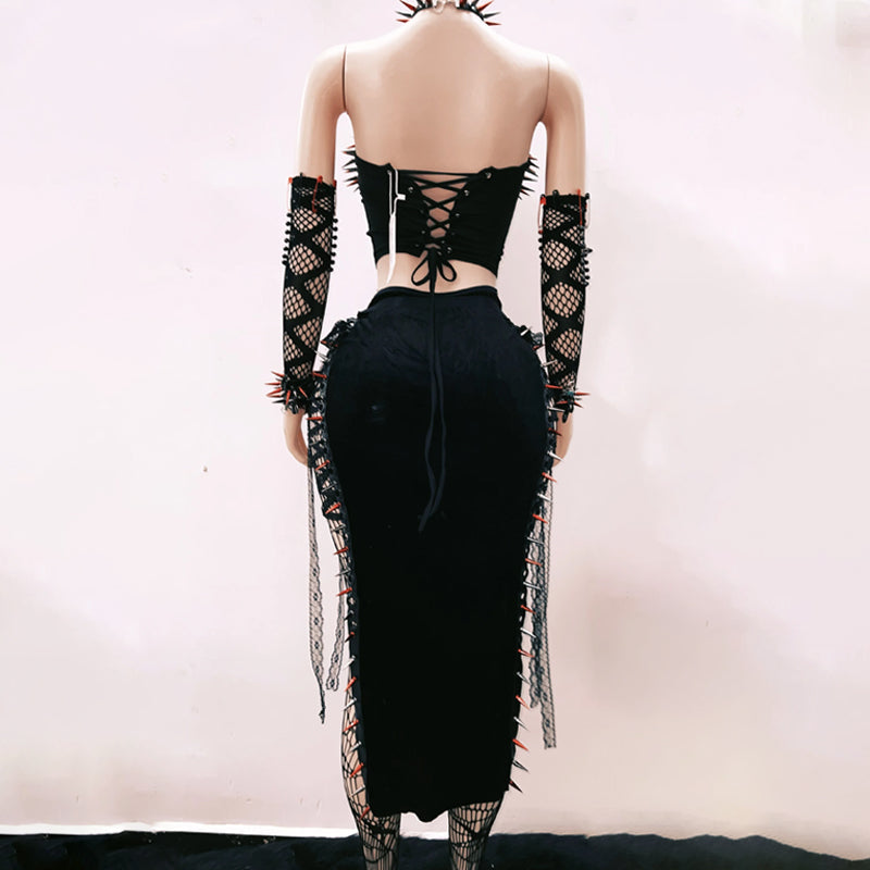 Metal chain rivet applique lace up tube top | Festival Outfits Women