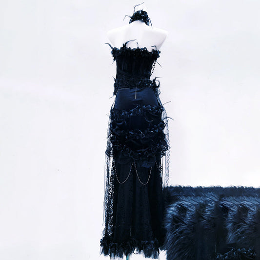 Beaded flower applique feather tube maxi skirt set | Festival Outfits Women