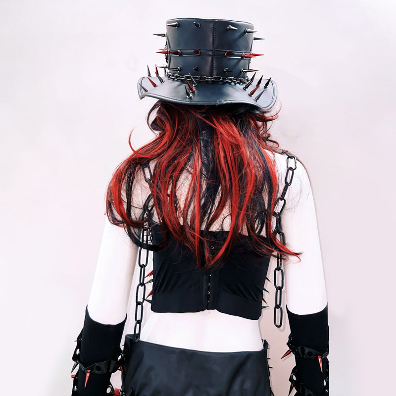 PU leather o ring rivet applique metal chain top | Festival Outfits Women