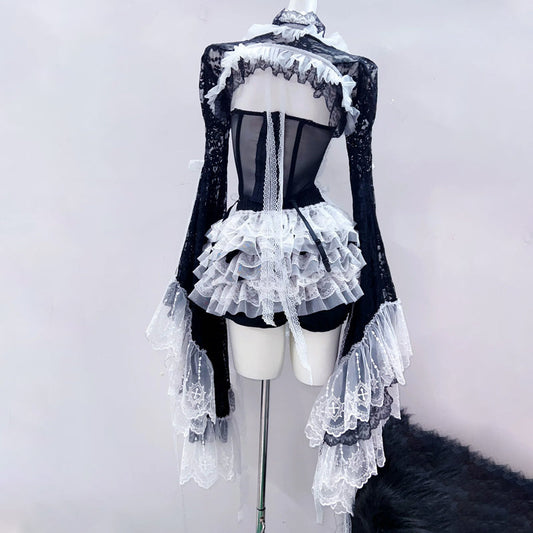 Long flared sleeve bowknot lace hem mini skirt set | Festival Outfits Women