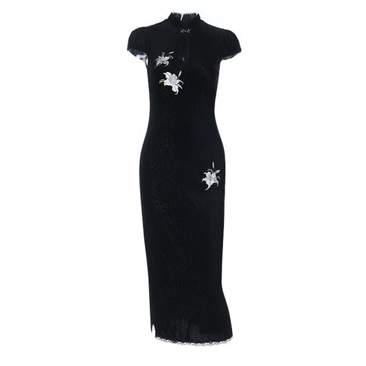 Flower embroidery cap sleeve slit maxi dress | Festival Outfits Women