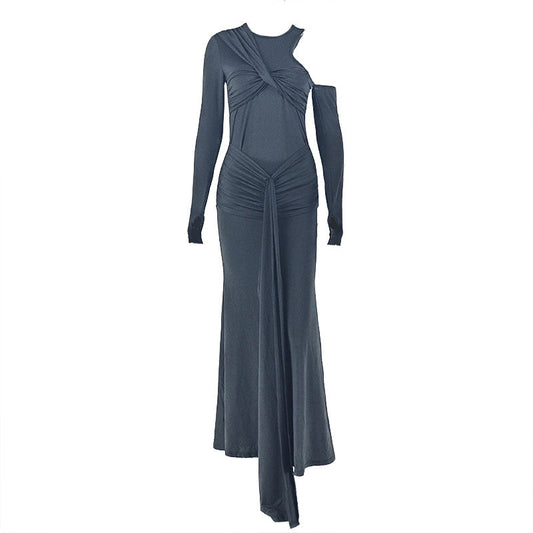 Crewneck long sleeve ruched hollow out cut out maxi dress | Festival Outfits Women