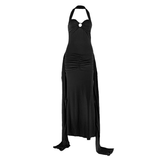 Halter ruched backless o ring maxi dress | Festival Outfits Women