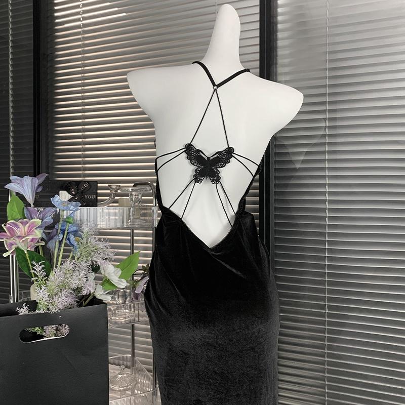 V neck butterfly applique ruched velvet cami maxi dress | Festival Outfits Women