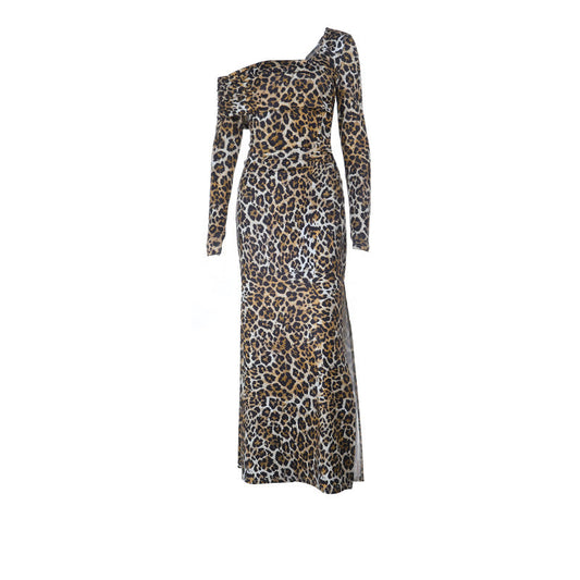 Leopard print one shoulder long sleeve slit maxi dress | Festival Outfits Women
