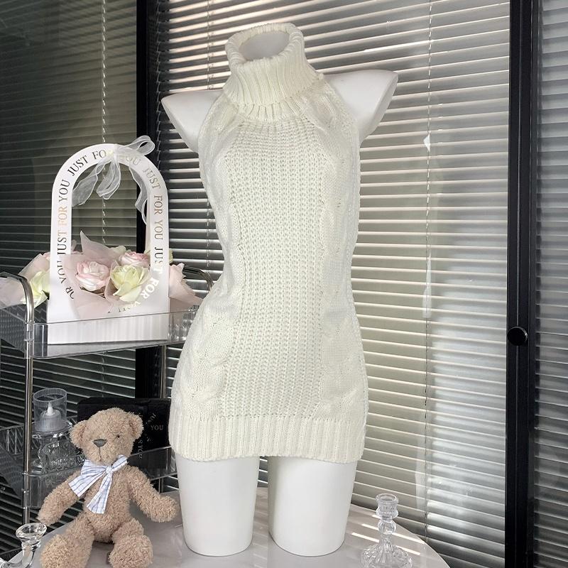 High neck halter self tie backless knitted mini dress | Festival Outfits Women