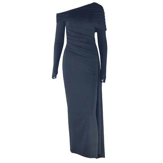 Irregular long sleeve one shoulder maxi dress | Festival Outfits Women