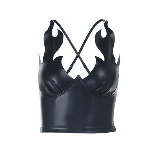 Cross back PU leather zip-up cami top | Festival Outfits Women