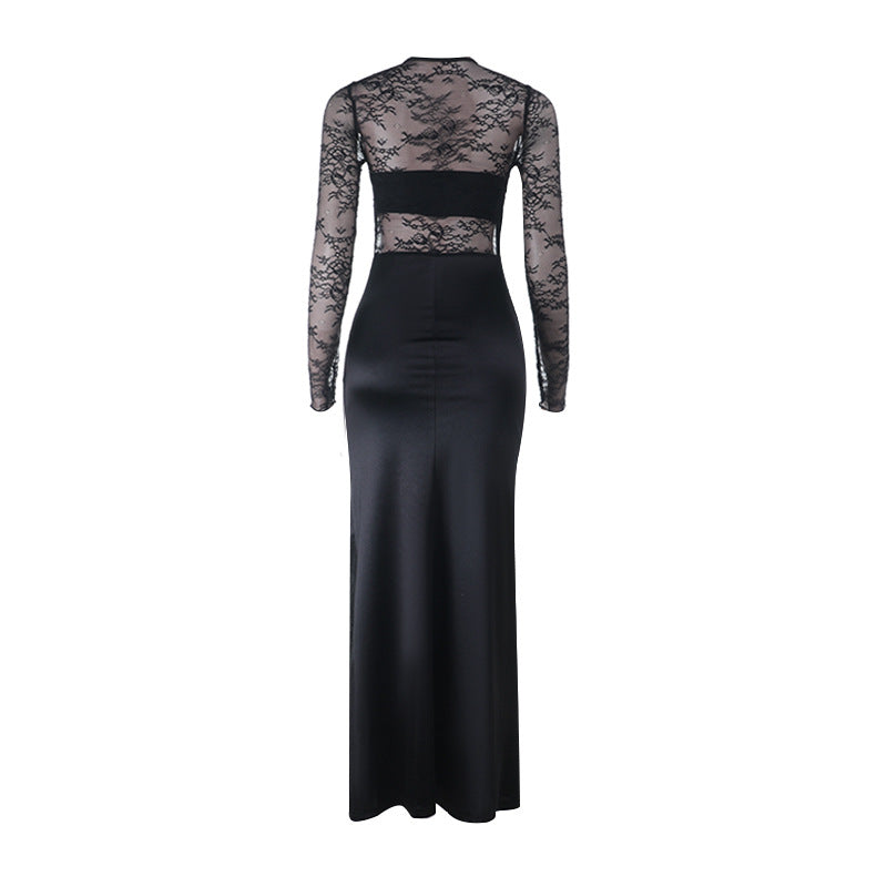 Crewneck lace long sleeve slit irregular maxi dress | Festival Outfits Women