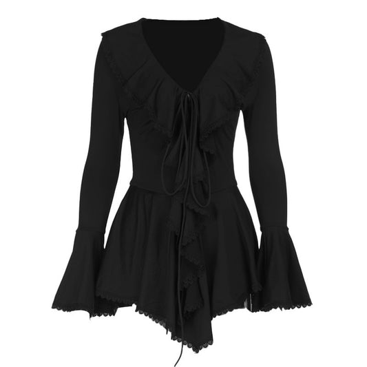 Long flared sleeve ruffle v neck self tie mini dress | Festival Outfits Women