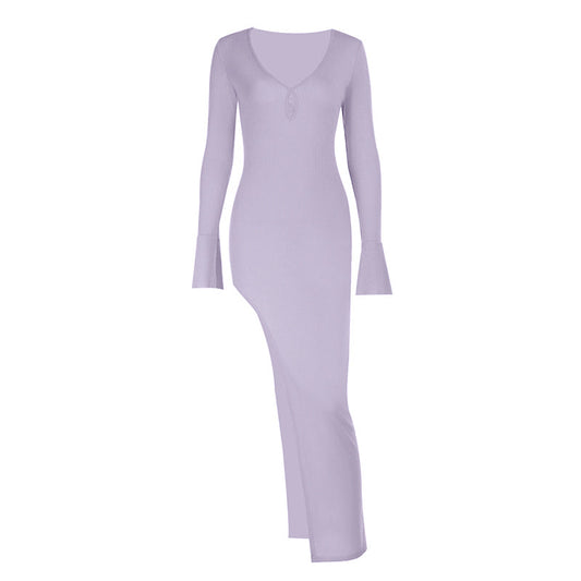 V neck long sleeve slit irregular maxi dress | Festival Outfits Women