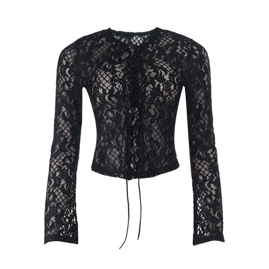 Long sleeve lace self tie solid crewneck top | Festival Outfits Women