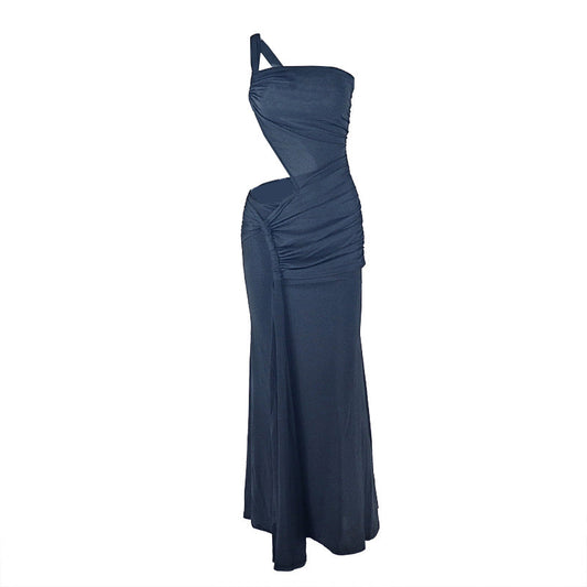 One shoulder irregular hollow out ruched cut out maxi dress | Festival Outfits Women