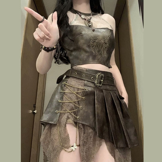 Metal chain pleated butterfly pattern irregular mini skirt set | Festival Outfits Women