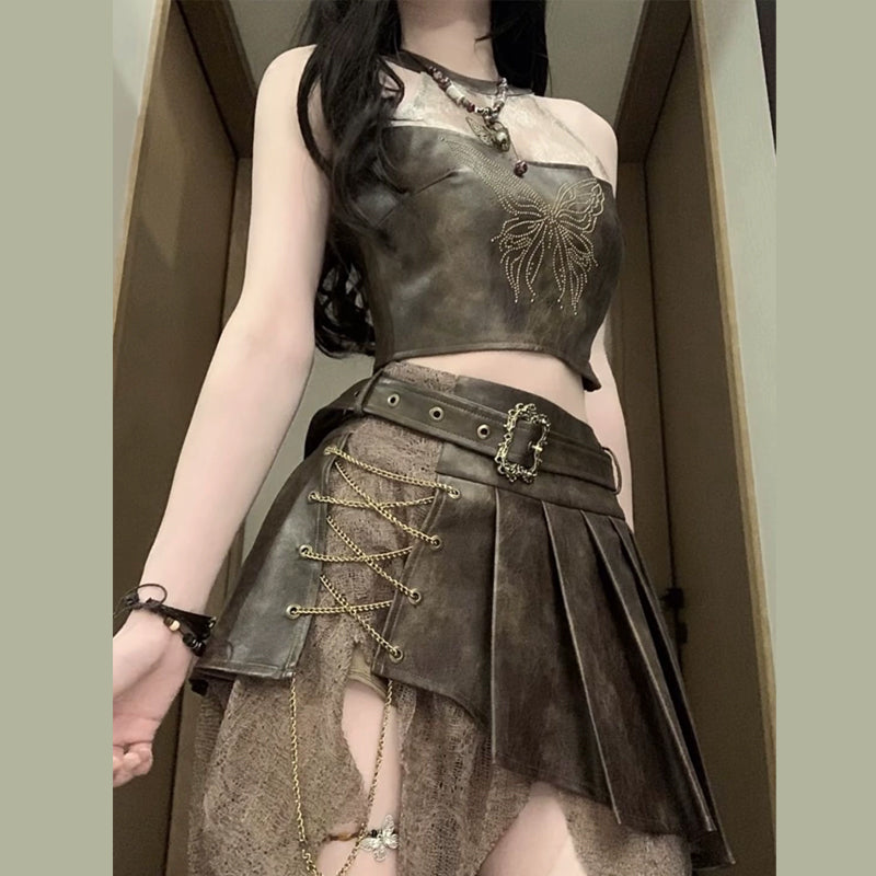 Metal chain pleated butterfly pattern irregular mini skirt set | Festival Outfits Women