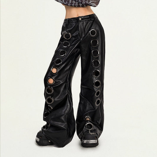 Hollow out PU leather button wide leg pant | Festival Outfits Women