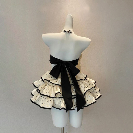 Polka dot halter ruffle bowknot backless mini dress | Festival Outfits Women