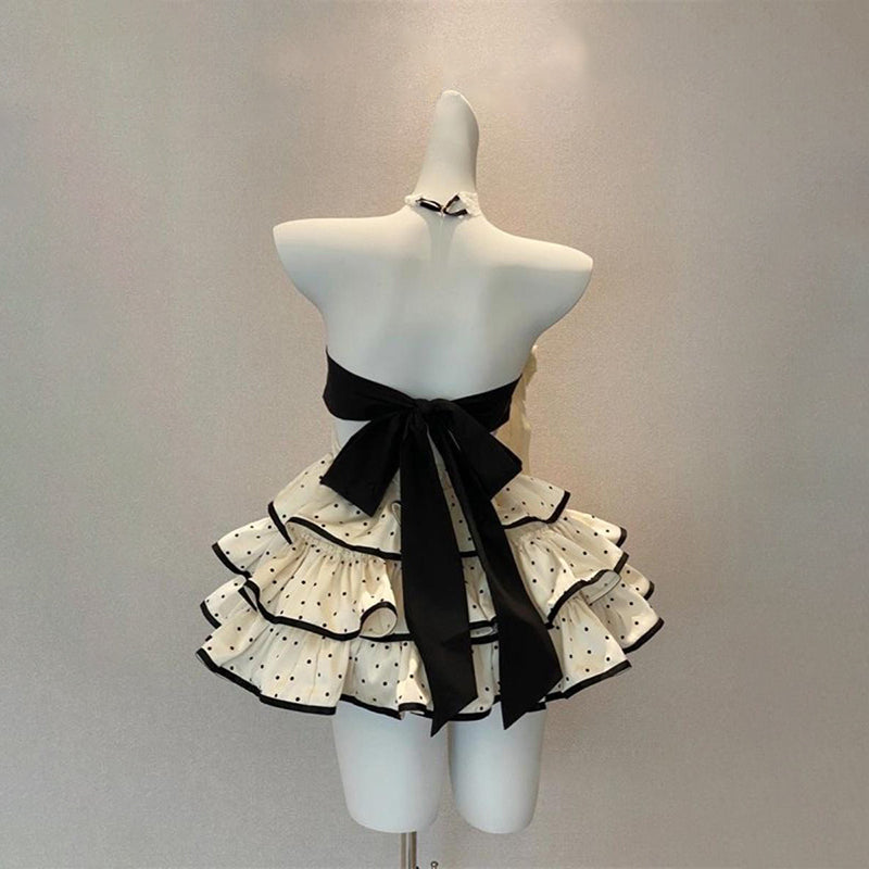 Polka dot halter ruffle bowknot backless mini dress | Festival Outfits Women