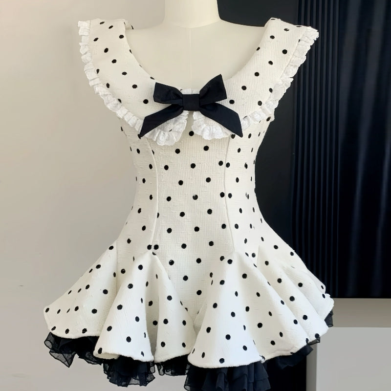 Polka dot lace hem bowknot ruffle mini dress | Festival Outfits Women