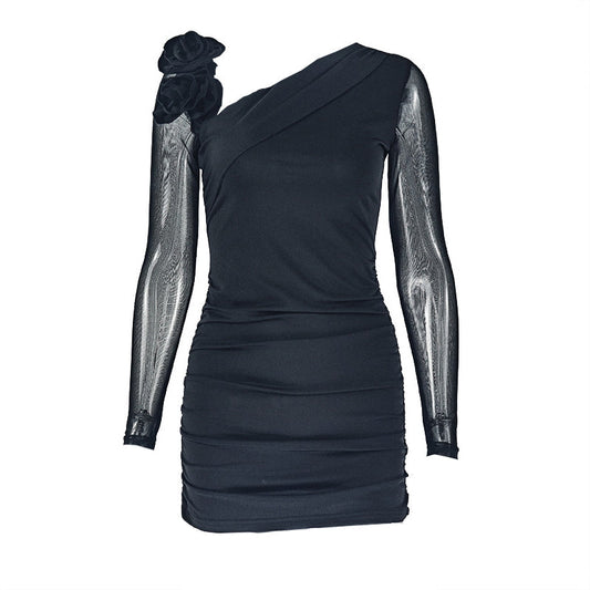 Long sleeve flower applique ruched mini dress | Festival Outfits Women