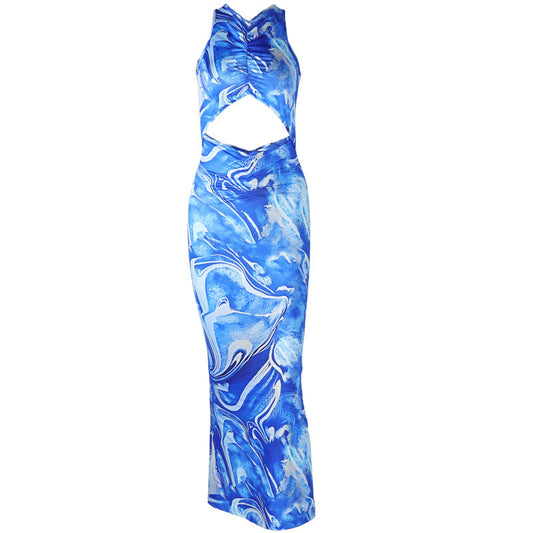 Cross back hollow out ruched print cut out maxi dress | Festival Outfits Women
