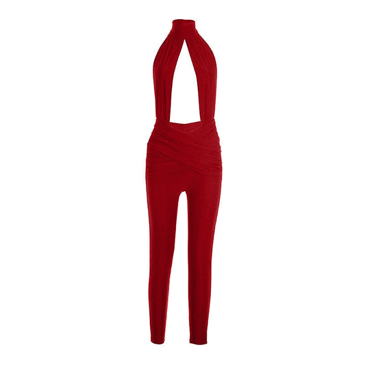Halter hollow out ruched backless jumpsuit | Festival Outfits Women
