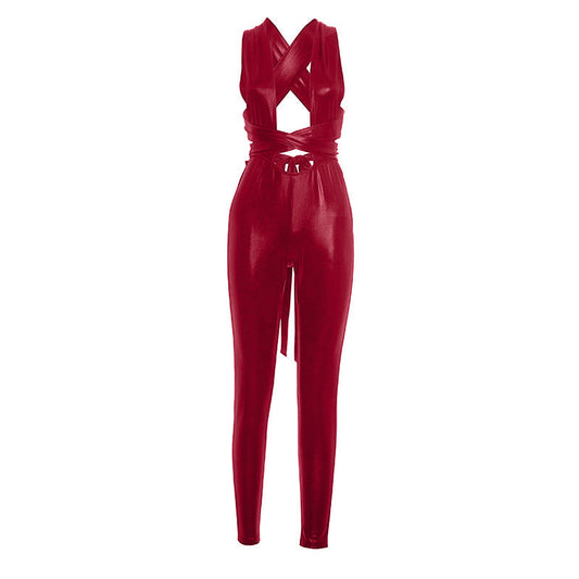 Cross back self tie backless solid jumpsuit | Festival Outfits Women