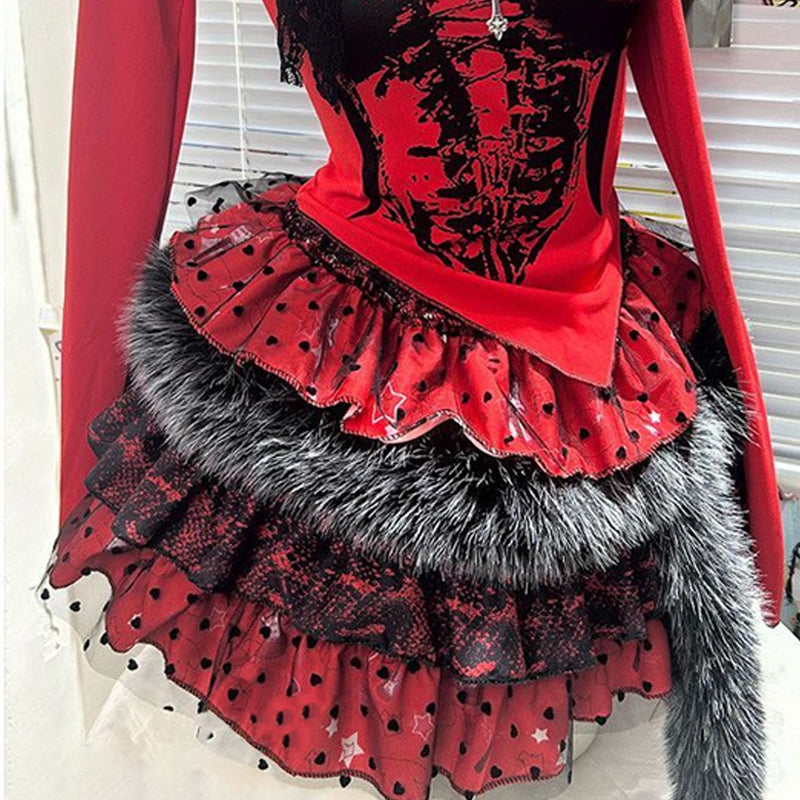 Long sleeve fluffy polka dot lace hem mini skirt set | Festival Outfits Women