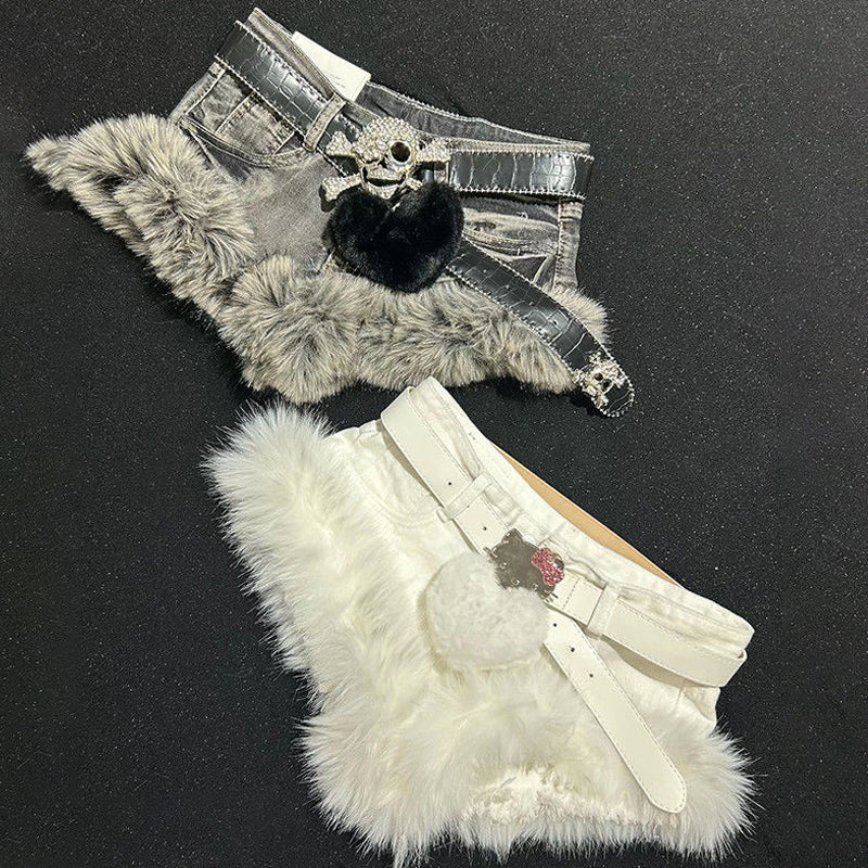 Fluffy low rise belt solid denim shorts without sweetheart applique | Festival Outfits Women