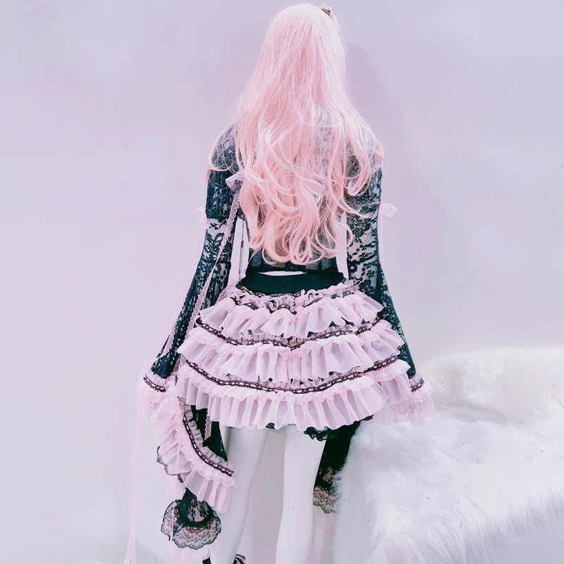 Ruffle bowknot long flared sleeve lace mini skirt set | Festival Outfits Women