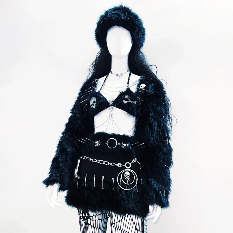 Long sleeve fluffy v neck metal chain top | Festival Outfits Women