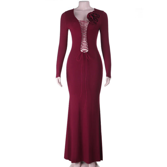 Long sleeve flower applique self tie solid maxi dress | Festival Outfits Women