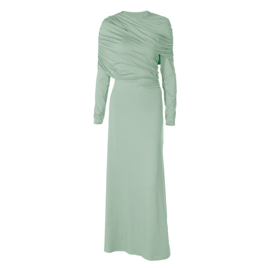 Long sleeve ruched irregular crewneck maxi dress | Festival Outfits Women