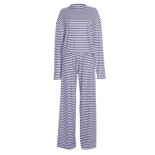 Striped print crewneck drawstring medium rise pant set | Festival Outfits Women