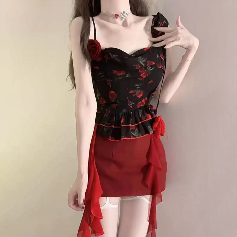 Cowl neck flower applique print ruched cami mini skirt set | Festival Outfits Women